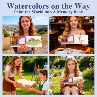 24-Color Mini Travel Watercolor Set, Black | Pocket Watercolor Set, With Sketches - color: black
