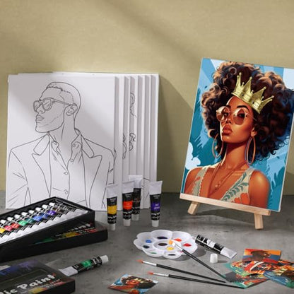 Cholemy 36 Pcs Paint and Sip Kit Gift for Adults 8''x10'',Black Women | Pre Drawn Canvas, Painting DIY Afro Acrylic Painting Kit, Wood Easel Brushes, Date Night Bulk, Summer Halloween Party - style: Black Women