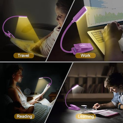 Gritin 9 LED Rechargeable Book Light for Reading in Bed | Eye Caring 3 Color Temps,Stepless Dimming Brightness,80 Hrs Runtime Small Lightweight Clip On Book Reading Light-Dark Purple - color: Dark Purple