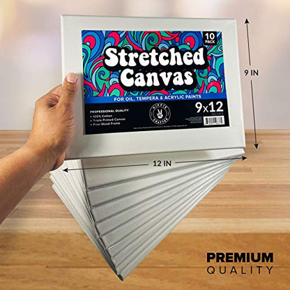 HIPPIE CRAFTER 10 Pack Stretched Canvases for Painting, 9x12 Blank Rectangle Canvas Boards, Ideal with Acrylic, Oil & Mixed Media Art, Small Art Canvases, Perfect Supplies for Bulk Projects - size: 9x12