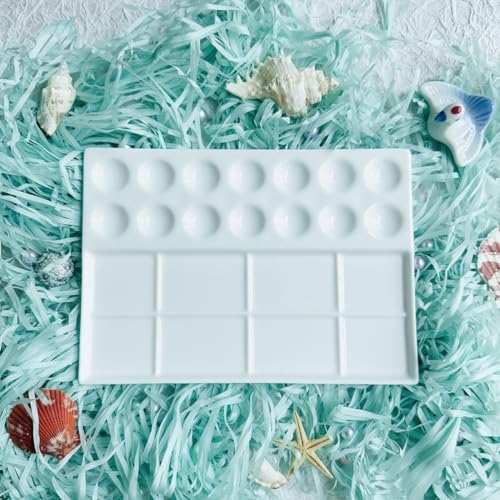 Bower Bird 14Well Ceramic Paint Palette,Porcelain Watercolor Palette,Rectangle Artist Professional Porcelain Palettes for Painting,for Acrylic,Gouache,Watercolor,Painting,Ceramic Mixing Tray