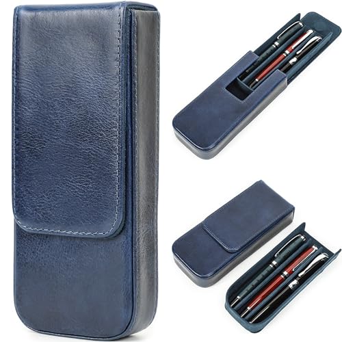Top Grain Genuine Leather 3 Fountain Pen/Pencil Tray Case Holder, Solid Fashion Design, Handmade, Magnetic Closing with Drawer Design, Gift Choice for Man/Woman/Office, Glossy Blue, 3 Slots - color: Glossy Blue, size: 3 Slots -【Magnetic Closure】