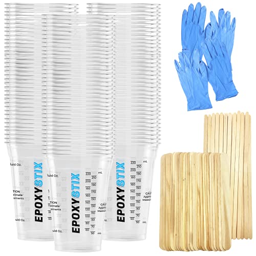 [Pack of 100] Disposable Measuring Cups for Mixing Epoxy Resin - Measurements in mL and Oz - Bonus Pack With 25 Applicator Sticks, 25 Mixing Sticks and 2 Pairs of Nitrile Gloves - size: Pack of 100 with Sticks