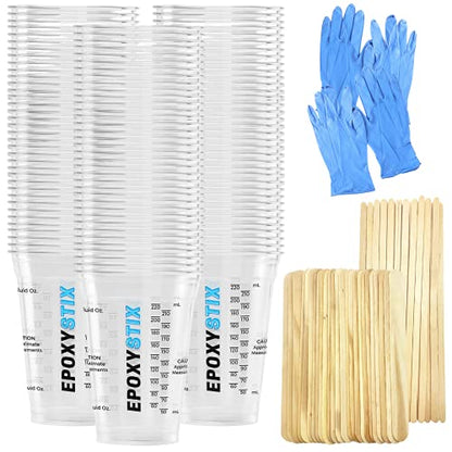 [Pack of 100] Disposable Measuring Cups for Mixing Epoxy Resin - Measurements in mL and Oz - Bonus Pack With 25 Applicator Sticks, 25 Mixing Sticks and 2 Pairs of Nitrile Gloves - size: Pack of 100 with Sticks