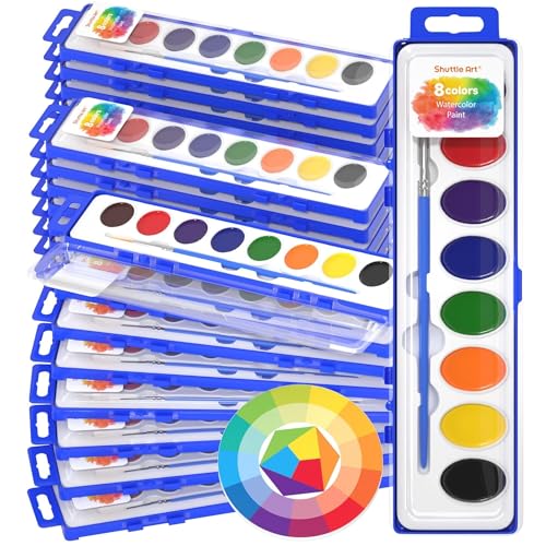 Shuttle Art 24 Pack Watercolor Paint Set, 8 Colors with Paint Brushes & Color Wheels, Washable for Kids & Adults, Suitable for Classroom, Parties, Kindergarten & Art Activities - color: 8 Colors 24 Pack