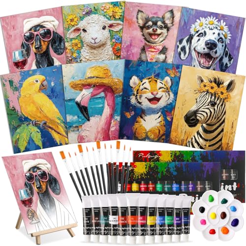 Cholemy 36 Pcs Paint and Sip Kit Gift for Adults 8''x10'',Flower Animals A | Pre Drawn Canvas, Painting DIY Afro Acrylic Painting Kit, Wood Easel Brushes, Date Night Bulk, Summer Halloween Party - style: Flower Animals A