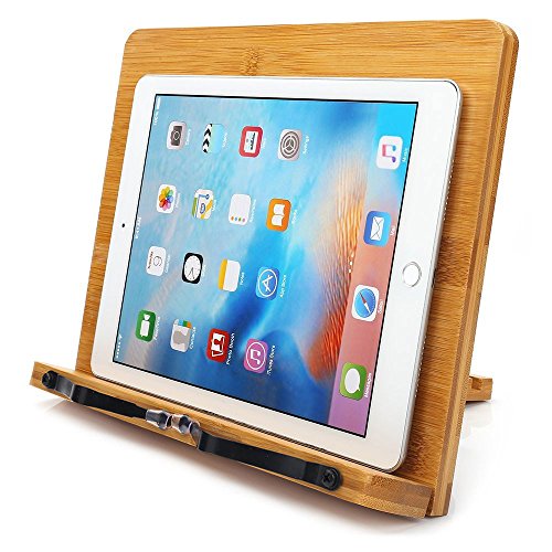 wishacc Bamboo Book Stand for Reading, 13.2" x 9.2" Premium Wooden Cookbook Holder and Recipe Stand for Kitchen Counter, Foldable Adjustable Desk Easel with 5 Angles for Textbooks, Sheet Music, Tablet - size: 13.2 x 9.2 inches