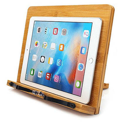 wishacc Bamboo Book Stand for Reading, 13.2" x 9.2" Premium Wooden Cookbook Holder and Recipe Stand for Kitchen Counter, Foldable Adjustable Desk Easel with 5 Angles for Textbooks, Sheet Music, Tablet - size: 13.2 x 9.2 inches
