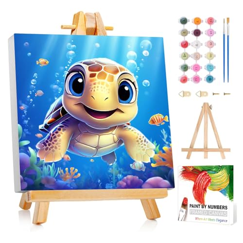 Reivworl Sea Turtles Paint by Numbers Kit for Kids with Frame 8×8 inch | Sea Turtles Paint by Number for Kids Age 6-8-12, Acrylic Paint by Numbers for Gifts and Decor - color: Style-1, size: 8×8inch