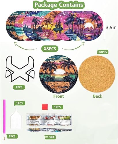 Clendo 8Pcs Diamond Painting Coasters Kits, DIY Landscape Diamond Art Coaster Kits with Holder, Small Diamond Painting Kits for Adults & Kids Art Craft Supplies - color: Bdz8p-85-001