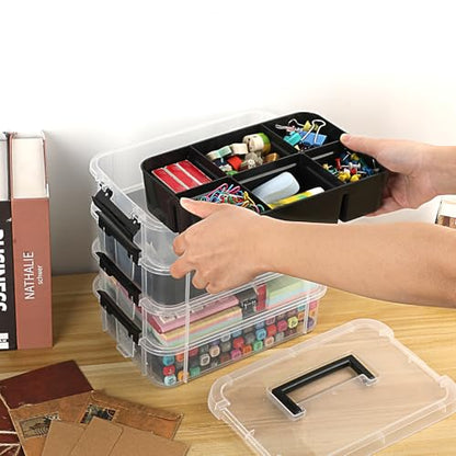 JUXYES 4-Tiers Plastic Stack Carry Storage Containers Box wih Handle Lids - color: Black
