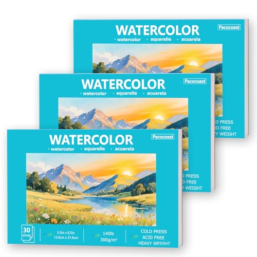 Pacocoast 5.5"x8.5" Bulk Watercolor Pad, Pack of 3 (90 Sheets) 140lb/300gsm - color: Teal, size: 5.5"x8.5"(Pack of 3)
