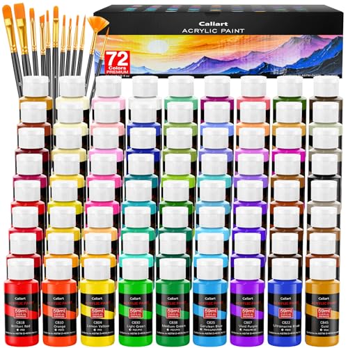 Caliart 72 Colors Acrylic Paint Set with 12 Brushes | Craft Painting kit for Adults Artists Beginners, Rich Pigment Non-toxic, Canvas Wood Rock Pumpkin Ceramic Art Supplies Paint - color: Regular, size: 2 Fl Oz (Pack of 72)