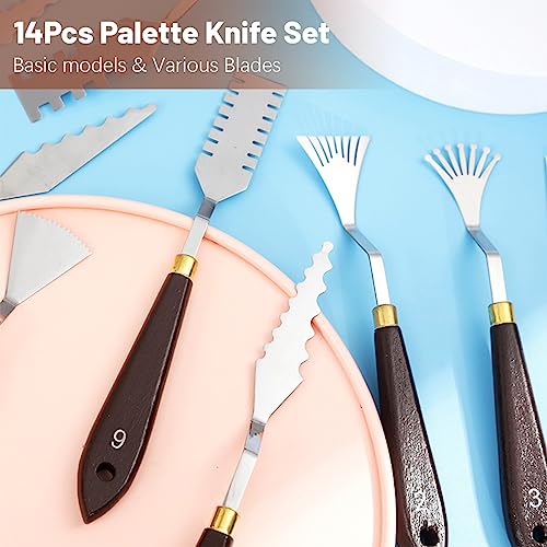 14Pcs Palette Knife Set, FHDUSRYO Stainless Steel Painting Knife, Painting Spatula Pallet Knives with Wood Handle, Oil Painting Accessories for Color Mixing, Oil, Canvas, Acrylic Painting