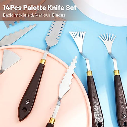 14Pcs Palette Knife Set, FHDUSRYO Stainless Steel Painting Knife, Painting Spatula Pallet Knives with Wood Handle, Oil Painting Accessories for Color Mixing, Oil, Canvas, Acrylic Painting