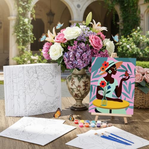 Harloon 36 Pcs 8 x 10 Inch Pre Drawn Canvas for Painting Afro Flower Butterfly Queen Pre Stretched Canvas Painting for Adults Outline for Sip and Paint Party Supplies Favor - style: Flower Queen