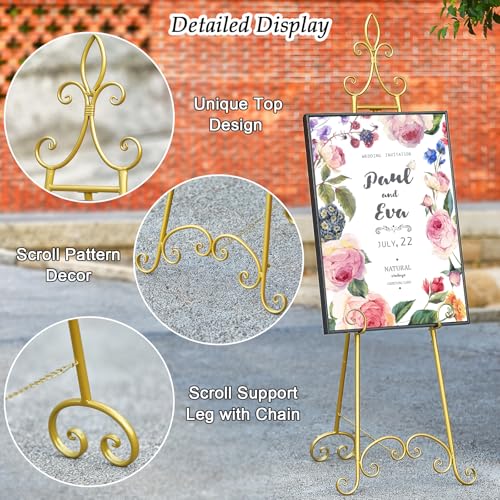 61”H x 20”L x 24”W Metal Extra Large Free Standing Display Stand Easel | Gold Scroll Floor Easel Stand for Sign Wedding Mirror Picture Frame, with Adjustable Chain