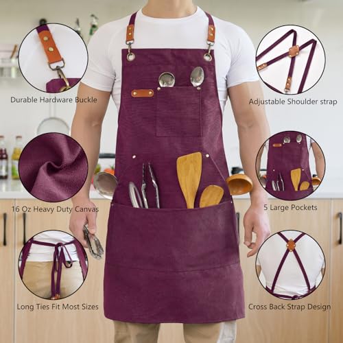 Aoomzoon Canvas Aprons for Men Chef Apron, Work Apron with Large Pockets - 16oz Heavy Duty Cross Back, BBQ, Cooking - color: Red