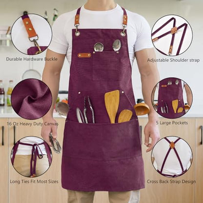 Aoomzoon Canvas Aprons for Men Chef Apron, Work Apron with Large Pockets - 16oz Heavy Duty Cross Back, BBQ, Cooking - color: Red
