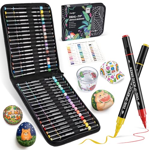 JusArt Acrylic Paint Markers 36 Colors, Dual Tip Art Supplies with Canvas | Acrylic Markers for Kids, Paint Pens for Wood Glass Fabric, School Supplies & Classroom Must Haves, Great Gift for Artists. - color: Canvas Bag - 36 Colors