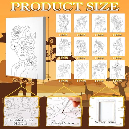 Motipuns 12 Set Flower Crown Lady Pre Drawn Canvas for Paint for Adults | 8 x 10 Inch, Sip and Paint Party Kit, Pre Printed Framed Canvas with Easels Paints Brushes Aprons, Party Adult Art Supplies - style: Flower Girl