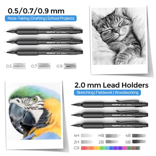 Nicpro 6PCS Art Mechanical Pencil Set,HD1000 Mechanical Drawing Pencils - style: 0.5,0.7,0.9,2.0mm(6 Pcs)