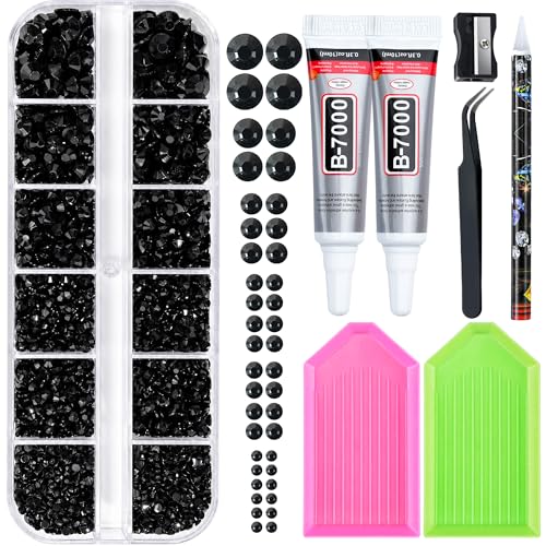 25000 Pcs Resin Jelly Rhinestones Kit, Black 2/3/4/5/6mm Flatback Rhinestones with 2 Pcs B7000 Jewelry Glue & Tools, All-in-One Bedazzling Kit for DIY Arts & Crafts Gifts - color: Black