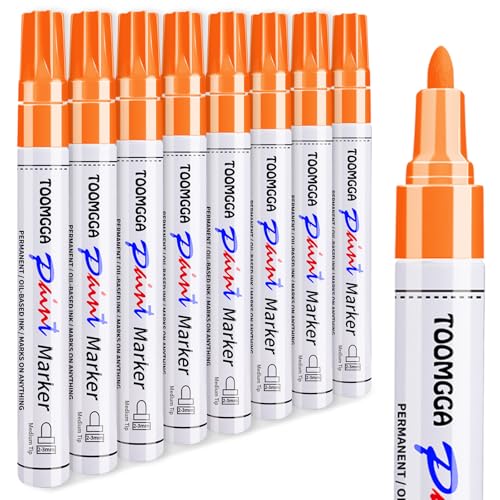 TOOMGGA 8 Orange Paint Pens Permanent Paint Markers, Oil Based Medium Tip | Marking Pens, Quick Drying, Waterproof, Fade-resistant, for Rock Painting, Car Tyre, Metal, Plastic, Canvas, Mugs, Wood - color: Orange
