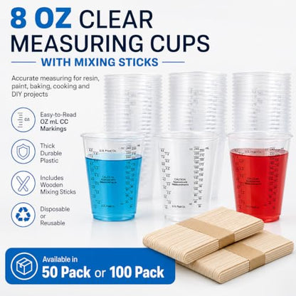 Plastic Measuring Cups with Mixing Sticks, 8 oz Clear Cup, 50 Pack | Disposable measuring cups with sticks, DIY mixing accurate oz ml cc scales for resin paint baking