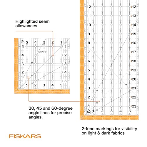 Fiskars 3-Piece Ruler & Connector Set, 6.5" x 6.5" & 6.5" x 24.5" Rulers | Connect Two Sewing Rulers of Any Size w/ Connector, Precision Measuring Tool for Arts & Crafts, Easy Alignment & Cutting - size: 6.5" x 6.5" and 6.5" x 24.5"