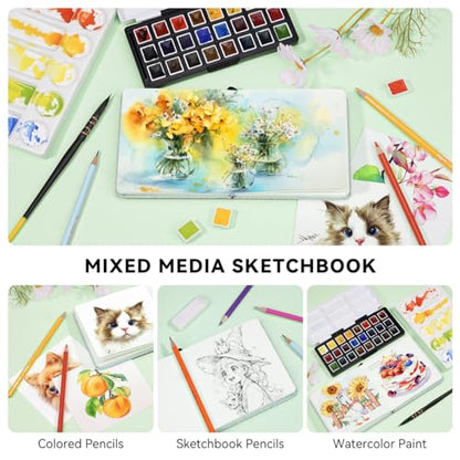 Lightwish Square Watercolor Journal,100% Cotton,300gsm/140lb,Acid-Free,24 Sheets Hot Press Watecolor Sketchbook for Artists Adults Students,4.7 * 4.7 Inches(Light Green) - color: Light Green