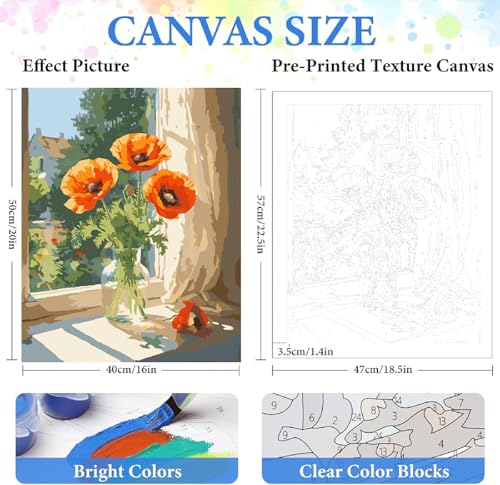 ZRIZQ Paint by Numbers Kit for Adults Beginner,Flowers,16x20 | Full set with wooden brushes,rolled canvas,rich paints.Calming activity.Beginner friendly.Just open and paint. - color: 16"X20"Rolled Canvas-Flowers 4