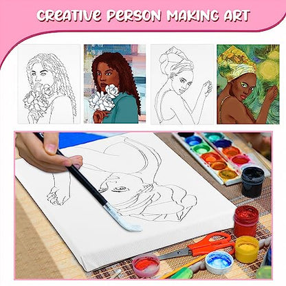 Sherr 20 Pcs Pre Drawn Canvas Afro Queen for Painting for Adults | Bulk 8" x 10" Pre Stretched Outline Painting Boards African American for Beginners Students, Party Favor - style: Stylish