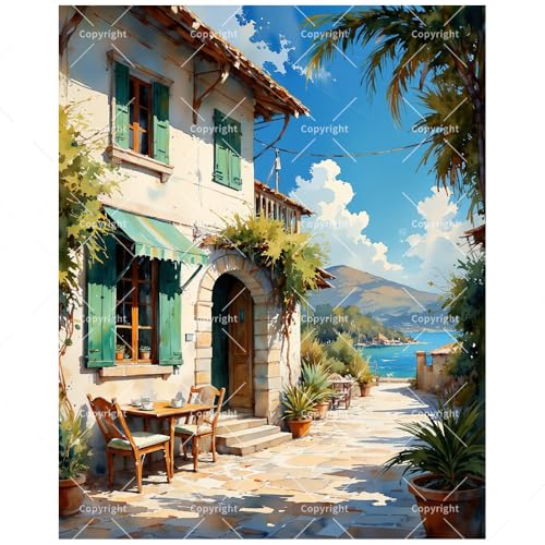 Seaside Paint by Numbers Kit for Adults – DIY Coastal House with Green Shutters Painting on Canvas, Acrylic Paint Set, Suitable for Beginners, Outdoor Art for Home Decoration or Gifts(8X12IN Framed) - color: HSX00507, size: 8X12IN Framed
