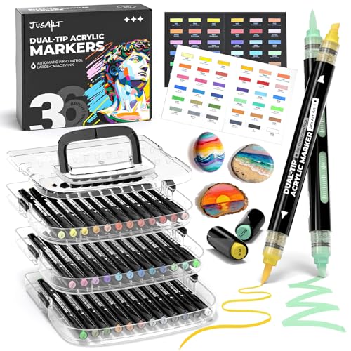 JusArt Acrylic Paint Markers, 36 Colors Dual Tip acrylic pens | Waterproof Paint Pens for Ceramic, Wood, Canvas, Glass, Stone, Fabric, Rock Painting, DIY Crafts Art Supplies Kit for Adult - color: 36 Colors