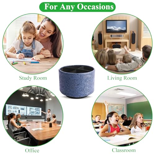 Round Leather Art Supply Organizer,Remote Control Holder,360 Degree Spinning,Multi-Functional Pencil Holder,4 Compartments Desktop Stationary Organizer(1-Carved Dark Blue) - color: 1-Carved Dark Blue