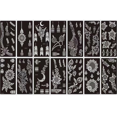 Xmasir 14 Sheets Henna Tattoo Stencils Kit, Flower Temporary Tattoos | Airbrush Indian Hands Forearm Tattoo Template, Body Art Tattoos for Girls and Women Wedding and Party - size: 14P