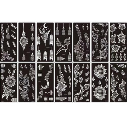Xmasir 14 Sheets Henna Tattoo Stencils Kit, Flower Temporary Tattoos | Airbrush Indian Hands Forearm Tattoo Template, Body Art Tattoos for Girls and Women Wedding and Party - size: 14P