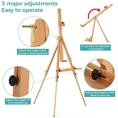 VISWIN Portable Easel for Painting with Bag, Tilting Flat & Adjustable Beech Wood Art Easel Stand, Holds Canvas up to 44", Tripod Field Easel for Adults, Artists, Beginners - Natural - color: Natural
