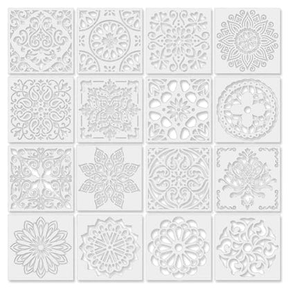 16Pcs (6 x 6 Inch) Reusable Stencils, Mandala Stencils Mandala Dot Painting Templates Stencil for DIY Painting Art Scrapbook, White