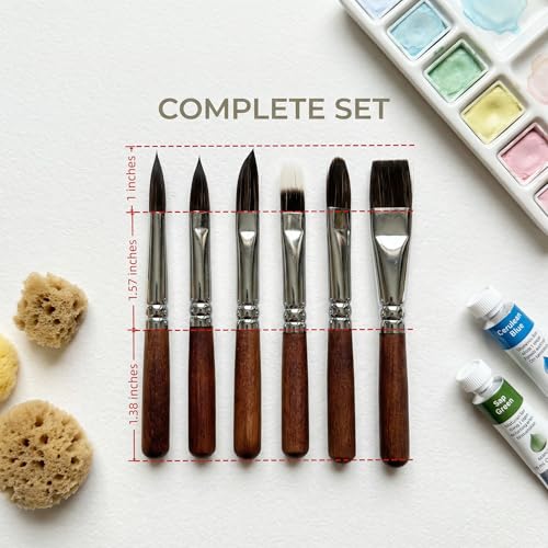 6 pcs Short Handle Watercolor Brushes,Professional Synthetic Squirrel Paint Brush Set for Detail Acrylic Gouache,Travel Art Paintbrushes Includes Round,Cat's Tongue,Dagger,Texture,Shaper,Flat - color: Brown