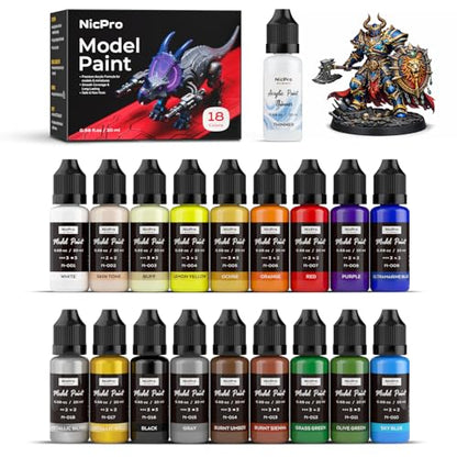 Nicpro 18 Colors Model Paint Set, 20ml Ready to Use Modeling Acrylic Paints | Brush & Airbrush Compatible, Miniature Paint Set for Beginners & Artists on Models, Figures, Crafts, Canvas, with 1 Thinner - style: 18 Colors Set