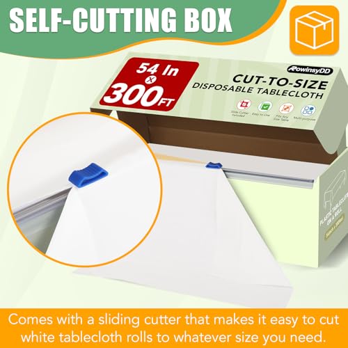 RowinsyDD 54 in X 100 FT White Plastic Table Cover Roll with Slide Cutter | Disposable Plastic Table Cloths,Disposable Table Cloths Disposable for Dinning, Parties, BBQ, Wedding, Birthdays, Outdoor - color: White, size: 3600" x 54" (Rectangular)