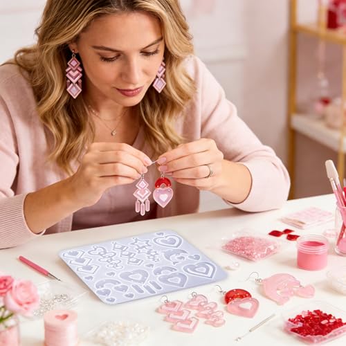 4 Pack Heart Resin Earring Mold Love Heart Star Shape Earring Silicone Molds for Mother's Day UV Casting Epoxy Silicone Molds Jewelry Earring Making Kit with 200 Earring Hook for DIY Crafts Keychains - color: Clear-Love shape