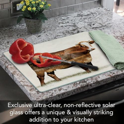 CounterArt Cow Landscape 3mm Tempered Glass Cutting Board 12" x 15" | Serving Board, Charcuterie Board - color: Cow Landscape