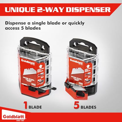 Goldblatt 100-Pack Utility Blades with Tempered SK2M Steel | Double-honed Edges Deliver Lasting Sharpness for Cutting Cardboard, Leather, Linoleum, Rope, and More, Dispenser Included