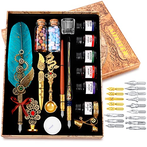 Aifeiter Quill Pen Feather Calligraphy Pen and Ink Set,Wax Seal Stamp Set,includes Quill Pen,Glass Dipping Pen,Wooden Dipping Pen,6 Bottles of Ink,8 Sheets of Writing Paper,Envelope-Green - color: Green