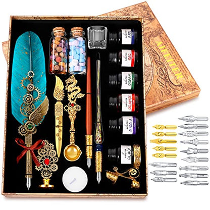 Aifeiter Quill Pen Feather Calligraphy Pen and Ink Set,Wax Seal Stamp Set,includes Quill Pen,Glass Dipping Pen,Wooden Dipping Pen,6 Bottles of Ink,8 Sheets of Writing Paper,Envelope-Green - color: Green