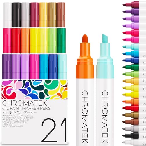 CHROMATEK Dual Tip Oil Based Paint Markers - 21 Colors Permanent Paint Pens for Rock Painting, Canvas, Glass, Wood, Stone & DIY Art Supplies - Quick Drying Waterproof Pen with Video Tutorials & Ebook - color: 21 Oil Markers