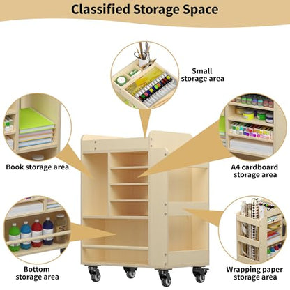 Art Cart Rolling Wood, Arts and Crafts Supply Organizer with Bookshelf | Multi-Functional Art Organizer Cabinet, Diy Utility Cart Small Art Supply Storage for Classroom Kindergartens Office Bedroom